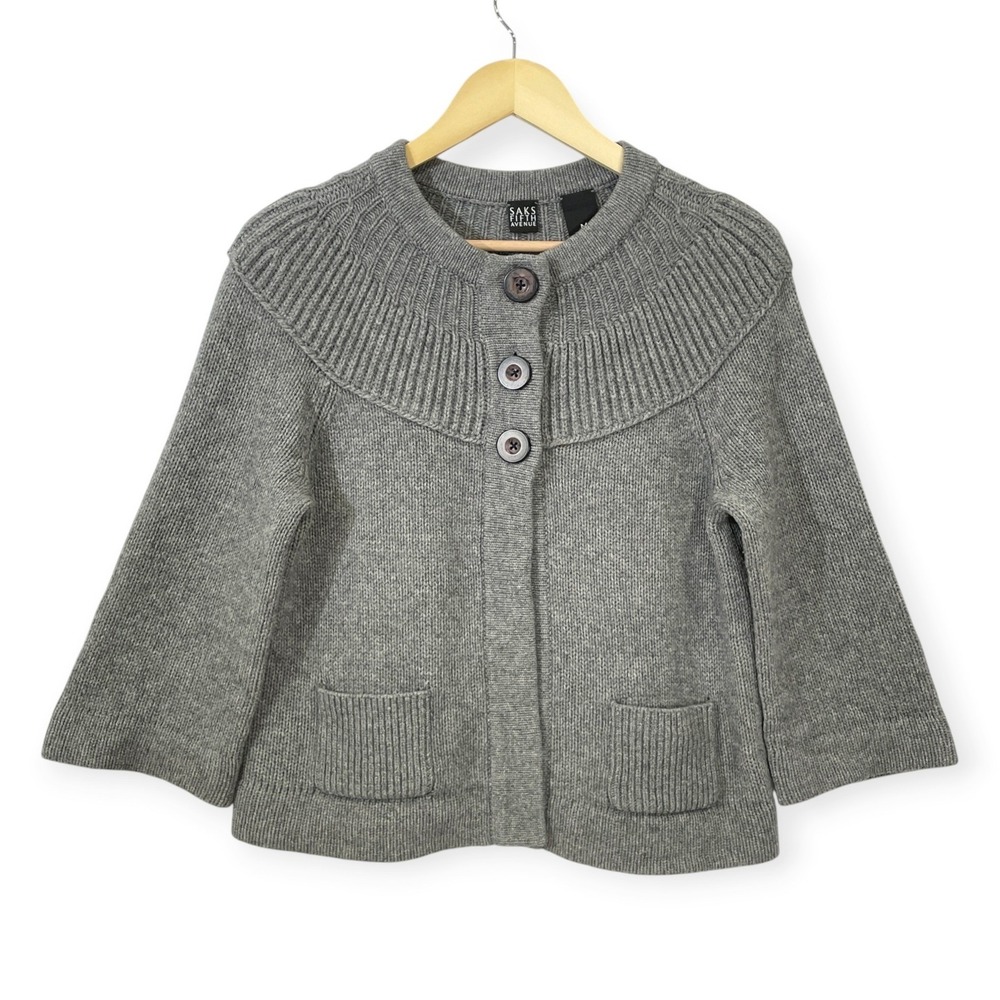 Saks Fifth Avenue Wool Cashmere Ribbed Yoke Swing Cardigan Sweater Luxury Size M